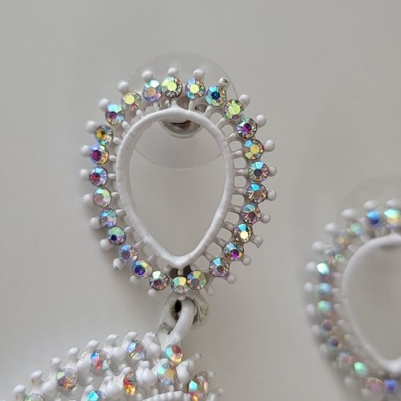 Earrings Double Teardrop White Aurora Borealis Crystal Earrings #0062 - Picture 8 of 13